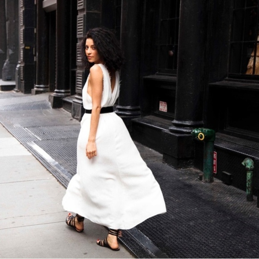 Long maxi flowy mesh reformation dress front slit deep‎ V open back backless